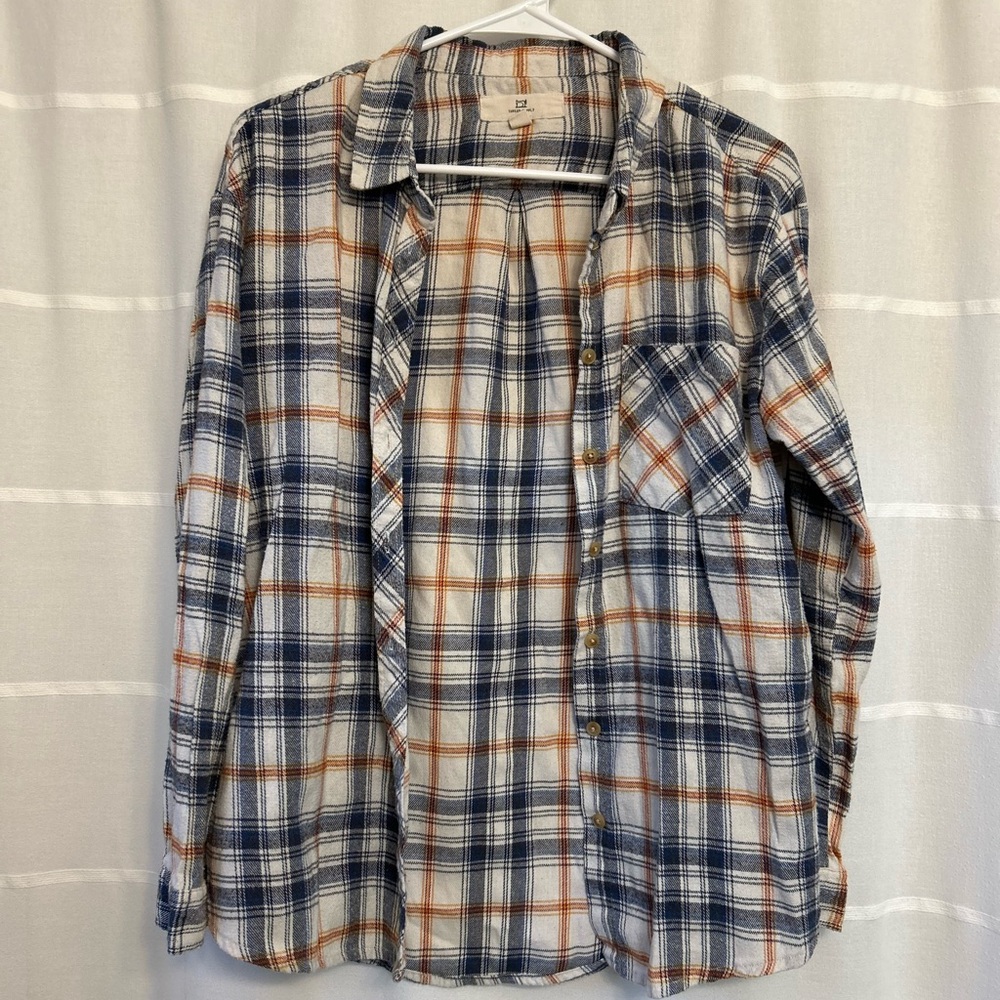 Thread Supply Flannel Shirt Womens Medium White Blue Plaid Button Up